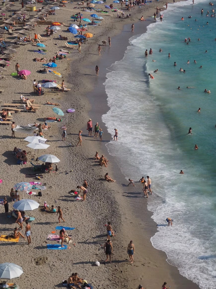 A busy beach seen from above