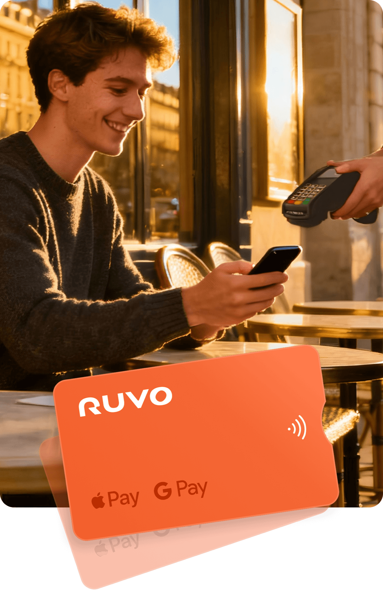 Person using phone with Ruvo card